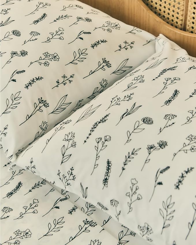 Twin 3 Piece Boho Botanical Floral Sheet Set - Soft & Cooling - Plants | 1 Flat, 1 Fitted & 1 Pillowcase w/ Deep Pockets, Boho Botanical Floral Bedding, Breathable & Cooling, Wrinkle & Fade Free