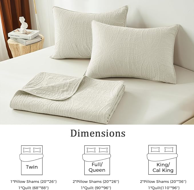 akkialla Full/Queen Quilt Set,Cream Lightweight Bedspread with Coin Pattern, Soft Microfiber Coverlet for All Seasons, Contemporary Decorative Bedding (1 Quilt, 2 Pillow Shams)