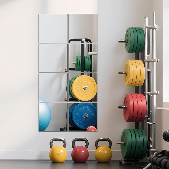Full Length Mirror Tiles, 10" x 10" x 8PCS Frameless Wall Mounted Mirror | Square Large Wall Mirror Tiles for Home Gym, Bedroom, Door, Bathroom, Frameless Mirror Sets