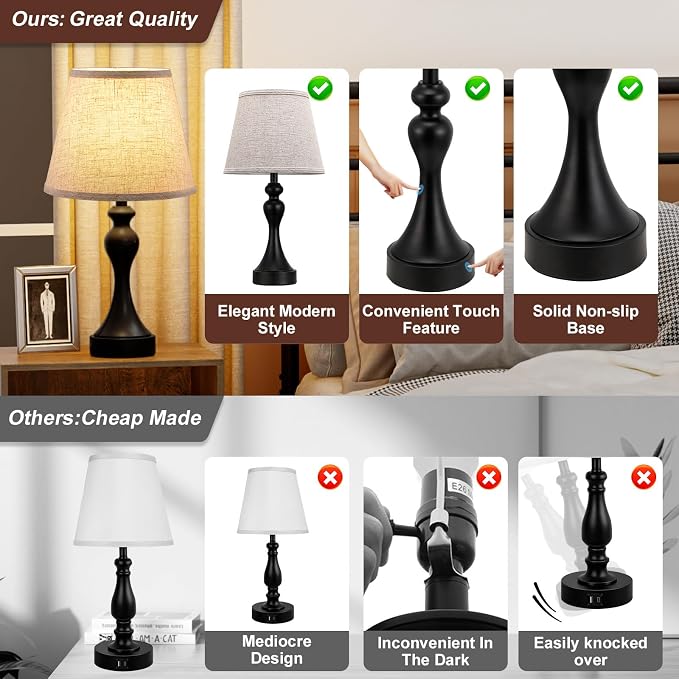 Touch Lamps for Nightstand, 3 Way Dimmable Bedside Lamps with USB C+A Ports | Touch Control, LED Bulb Included, Small Black Table Lamp for Bedroom, Night Stands, End Table, Gift,Corded,Beige Shade