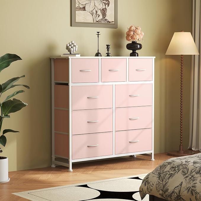 OLIXIS 9 Drawer Pink Dresser for Bedroom, Closet Organizers and Storage | Tall Fabric Dresser with Wooden Top, Chest of Drawers for Clothes Storage, Tower Cabinet, Furniture, TV Stand