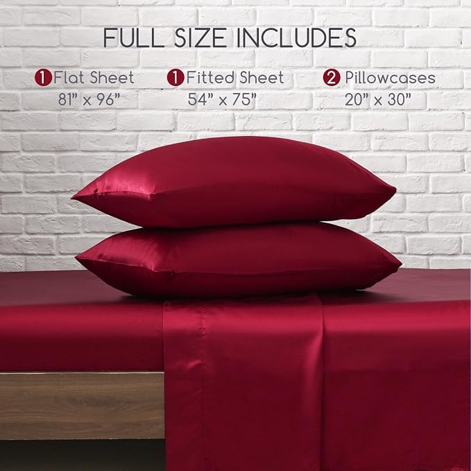 MR&HM Satin Sheets Full Size with Elastic Corner Straps, Burgundy | Similar to Silk, 4-Piece Silky Soft Bed Sheet Set, Gentle on Skin and Hair, 15" Deep Pocket, Cooling & Breathable