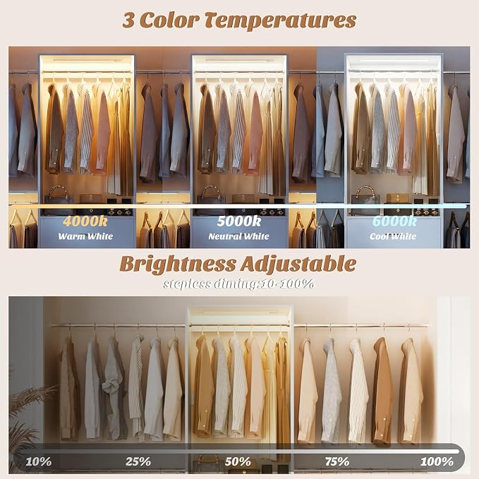 Aheaplus Closet System with Motion-Sensing Light, 3 Wooden Drawers and 4 Hanging Rods, Customizable Walk-in Closet Organizer with 3CCT LED, Wall mounted Garment Rack for Bedroom, White