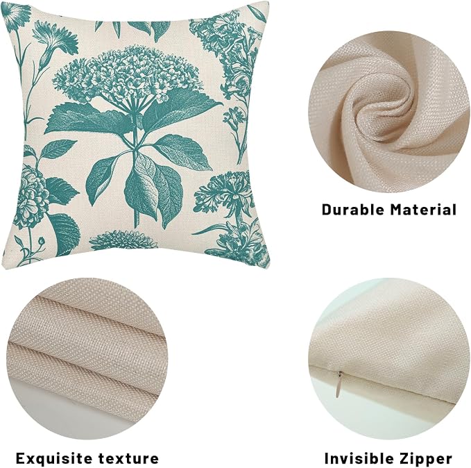 Aqua Teal Pillow Covers 18x18 Inch 2 Pcs Boho Vintage Floral Decor Throw Pillows Hydrangea Flower Summer Outdoor Farmhouse Neutral Accent Decoration Pillowcase Linen Cushion Cover for Sofa