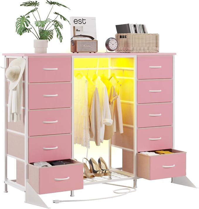 LUMTOK 55"W Dresser with Hanging Rack,10 Fabric drawers & Hooks for Bedroom | Pink 10 Drawers Dresser with LED Lights, Charging Station,chest of drawers with wooden top for clothing storage organization