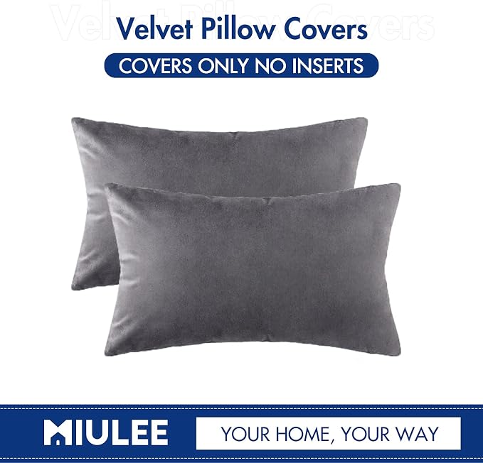 MIULEE 12x20 Inch Lumbar Velvet Throw Pillow Covers Medium Gray | Pack of 2 Soft Solid Decorative Pillow Covers, Modern Luxury Home Decor, for Chair Couch Sofa Bedroom Livingroom