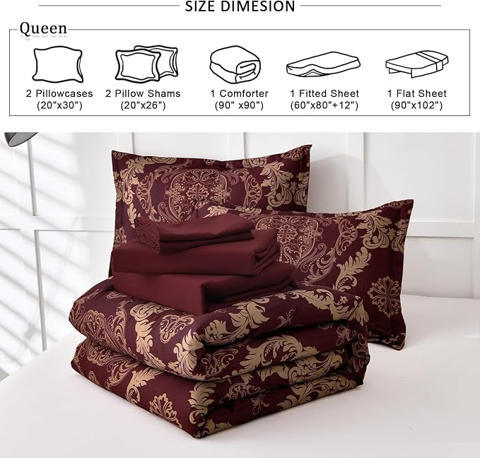 WONGS BEDDING Burgundy Comforter Set Full Size, Maroon Damask Texture 7 Pieces Bed in a Bag Microfiber Comforter Bedding Sets -1 Comforter, 1 Flat Sheet, 1 Fitted Sheet, 2 Pillow Shams,2 Pillowcases