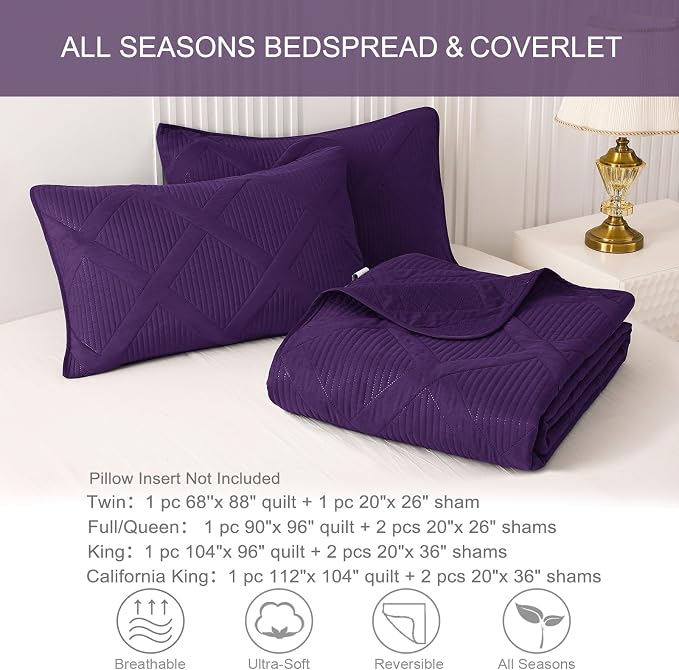 Exclusivo Mezcla Twin Size Quilt Set, Deep Purple | Soft Bedspreads with 1 Pillow Sham, Modern Striped Pattern, Lightweight Bedding Set Coverlets for All Seasons, 68x88 Inch