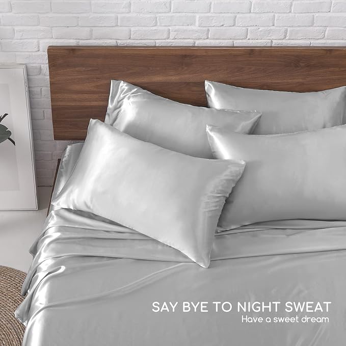 MR&HM Satin Sheets King Size with Elastic Corner Straps, Silver Grey | Similar to Silk, 6-Piece Silky Soft Bed Sheet Set, Gentle on Skin and Hair, 15" Deep Pocket, Cooling & Breathable