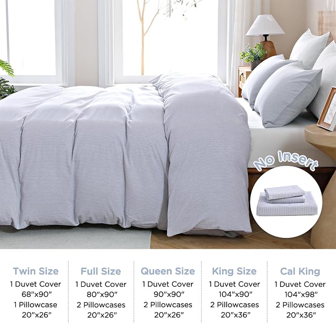 TOCOMOA Blue Striped Duvet Cover Set 100% Washed Cotton Like Linen, King | Linen-Like Feel Soft, Breathable & Comfy for All Season. Pinstriped Bedding Set with Zipper & 8 Ties. 3 Pcs, No Insert