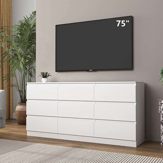 Vibe & Dine White Dresser 9 Drawer, Modern Long Dresser for Bedroom, Wood Chest of Drawers with Wide Storage for Living Room