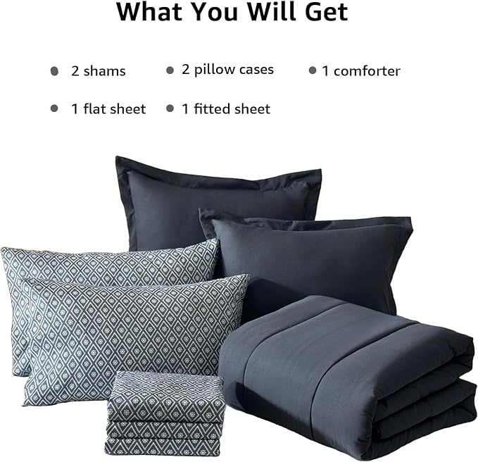 Monbix Full Size Comforter Sets-7 Pieces Soft Bed in a Bag Full Bedding Set | All Season Blue Grey Track Stitching Comforter Bed Set with Printed Sheets, Pillowcases & Shams