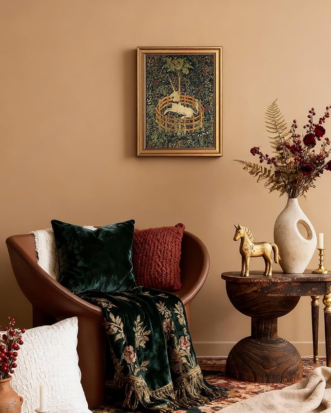 VIYYIEA Vintage Gold Framed Wall Art for Living Room, Unicorn Canvas Prints Home Decor, Oil Painting Picture, Bedroom Wall Decor Gifts for Friends or Family -【The Unicorn in Captivity】-(16L x 12W)