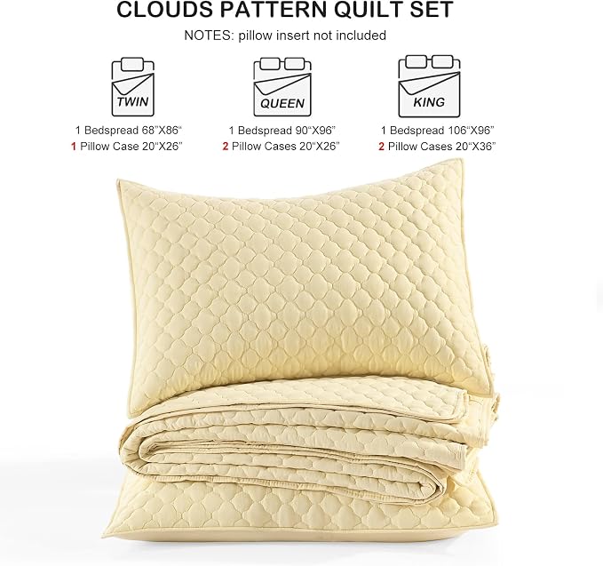 HORIMOTE HOME Quilt King Size Light Yellow, Lightweight Quilt for Summer, Ultra-Soft Microfiber Modern Style Quilted Clouds Pattern Bedspread Quit Set 3 Pieces(1 Quilt and 2 Pillow Shams)