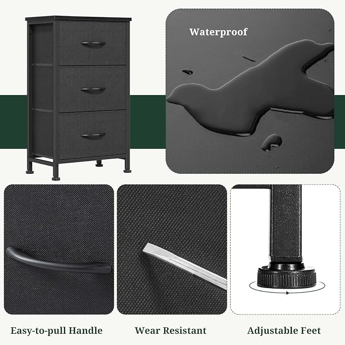 3 Drawers Dresser for Bedroom Fabric Storage Tower with Wooden Top | Steel Frame Chest of Drawers for Closet Entryway Dorm and Small Spaces, Black