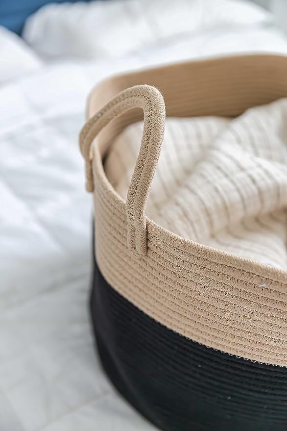 OrganiHaus Round Toy Basket & Blanket Basket, Cotton Rope 20x13" | Black / Honey - Round Cotton Rope Basket, 20x13"