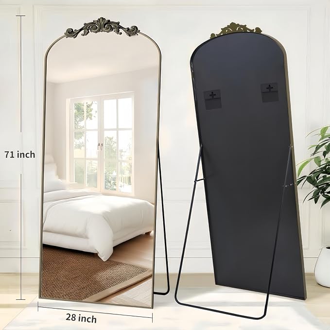 Dewfig Arched Full Length Mirror, 71"x28" Floor Mirror with Carved, Bronze | Antique Full Body Mirror, HD Shatterproof Tempered Glass, Lean/Stand/Wall for Bedroom, Living Room, Cloakroom, Home Decor