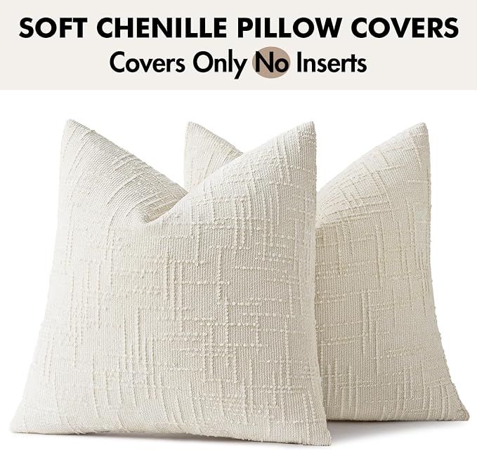 MIULEE Chenille Textured Throw Pillow Covers Cream White 20x20 Set of 2 | Slubby Decorative Pillows, Boho Farmhouse Home Decor, Modern Neutral Cushion Covers for Couch Sofa Bed Living Room