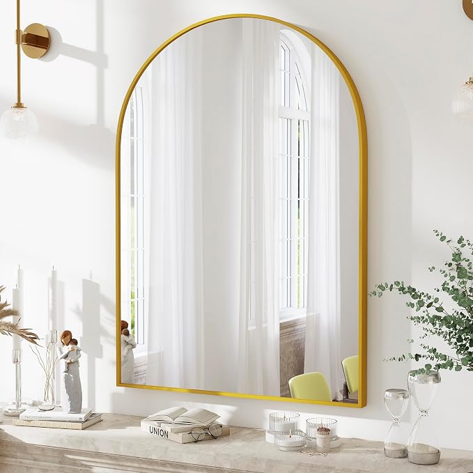 36x24 Bathroom Mirror Arch Wall Mounted/Against Aluminum Frame Gold | HD Crystal Clear No distortion Tempered Glass,Make-Up Vanity Mirrors for Bedroom,Entryway,Living Room