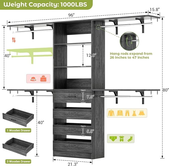 Aheaplus Closet System with 4 Drawers, 8FT Wood Closet Organizer System | 96" Closets Built In System Tower with Shelves & 4 Rods, Walk-in Closets Wardrobe Clothes Rack, Fits Spaces 4-9 ft, Black Oak