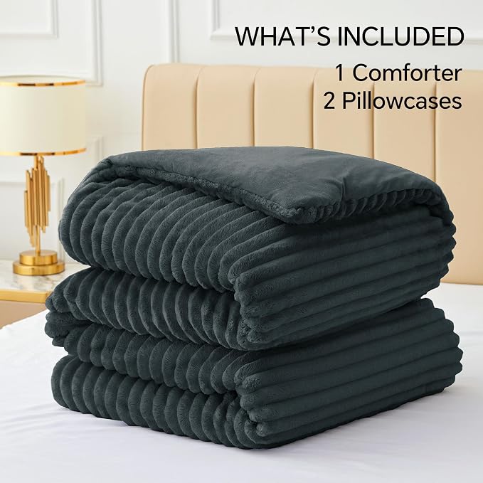 BEDELITE Fleece Oversized Queen Comforter Set, Fluffy Bed Set, Dark Grey | Super Soft & Warm Bedding, Luxury Fuzzy Faux Fur Comforter for Winter, Heavy Plush Bedding, with 2 Pillowcases
