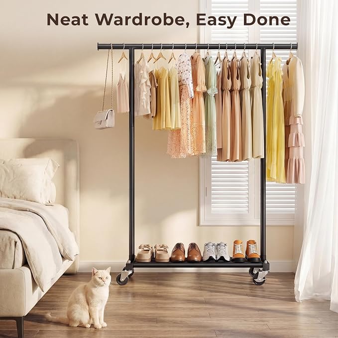 Clothing Rack for Hanging Clothes, 45" Wide Rolling Clothes Rack, Metal Garment Hanger Rack with Wheels, Portable Coat Rack Wardrobe Rack for Bedroom Laundry, Black