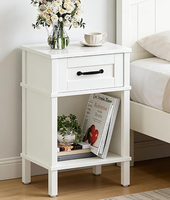 White Farmhouse Nightstand with Drawer, Small Wooden Bedside Table, White Marden End Table, Bedroom Side Table with Storage, Wooden Night Stand LET512WW