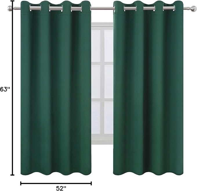 Dark Green Bedroom Blackout Curtains/52 x 63 Inch Long/Set of 2 Curtain Panels/Thermal Insulated Room Darkening Curtains for Bedroom