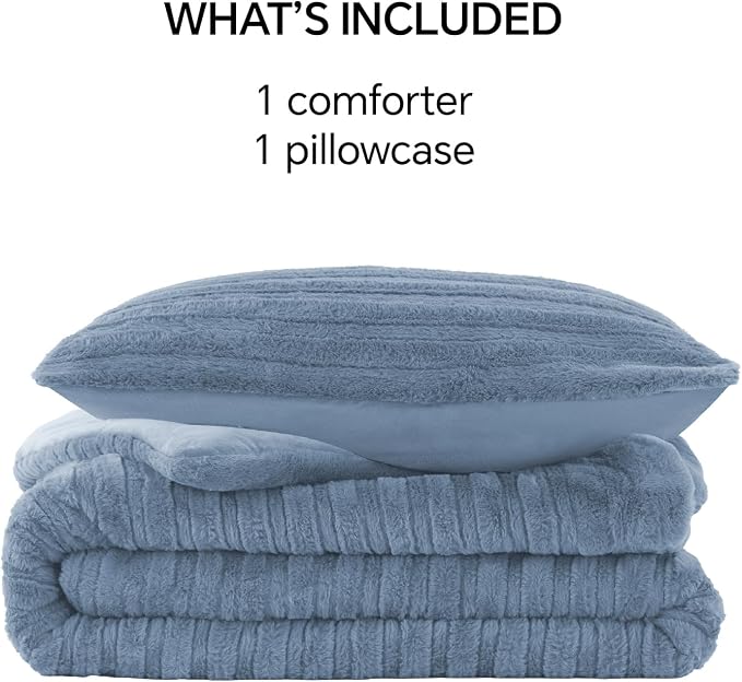 BEDELITE Faux Fur Twin/Twin XL Comforter Set, Fluffy Bed Set, Blue Fog | Super Soft & Warm, Luxury Fuzzy Cozy Comforter for Winter, Heavy Plush Bed set, with 1 Pillowcase