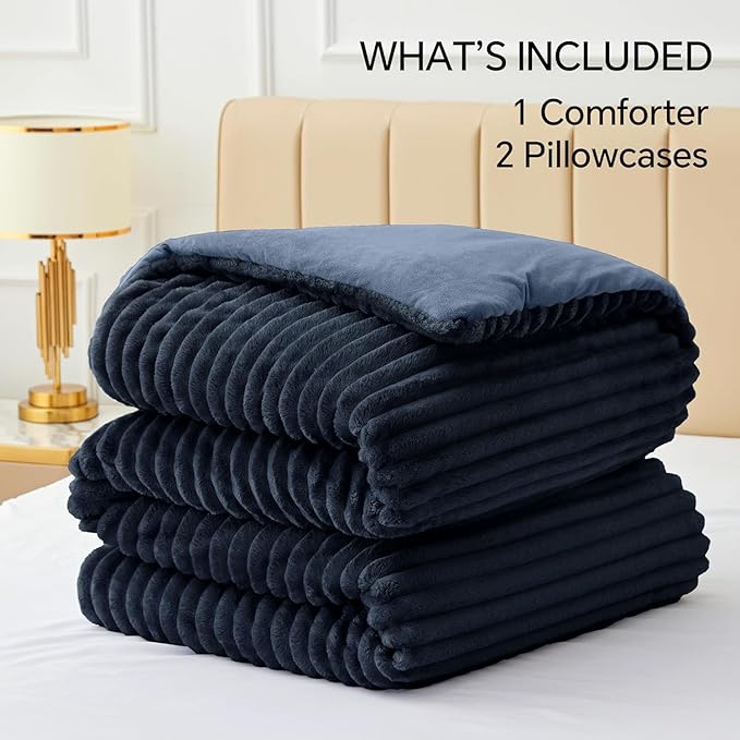 BEDELITE Fleece California King Comforter Set, Fluffy Bed Set, Navy Blue | Super Soft & Warm Bedding, Luxury Fuzzy Faux Fur Comforter for Winter, Heavy Plush Bedding, with 2 Pillowcases