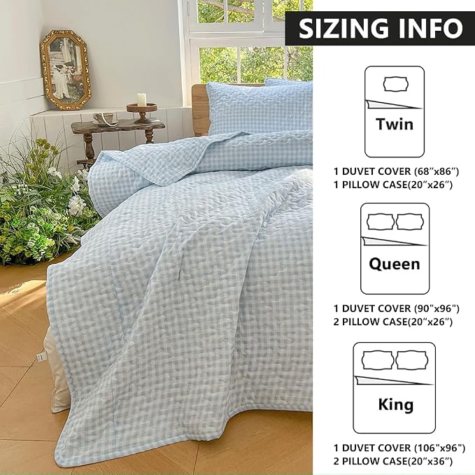 NSNLGSGC Light Blue Gingham Queen Summer Bedspread Quilt Set | Pre-washed Microfiber,Lightweight Checked Grid Bedding Coverlets for All Seasons