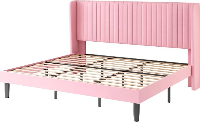 SHA CERLIN King Size Velvet Bed Frame, Tufted Wingback Headboard, Pink | 47'' Modern Vertical Channel Headboard, Upholstered Platform Bed, Wood Slats, No Box Spring Needed, Easy Assembly, Noise Free