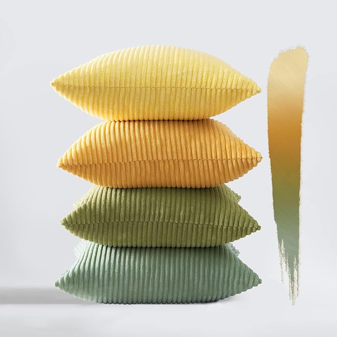 Topfinel Decorative Throw Pillow Covers 18x18 Inches Set of 4,Striped Corduroy Sage Green Yellow Color-Clash Design Cushion Cover,Pillow Case for Bedroom Couch Sofa Living Room,Summer Home Decor