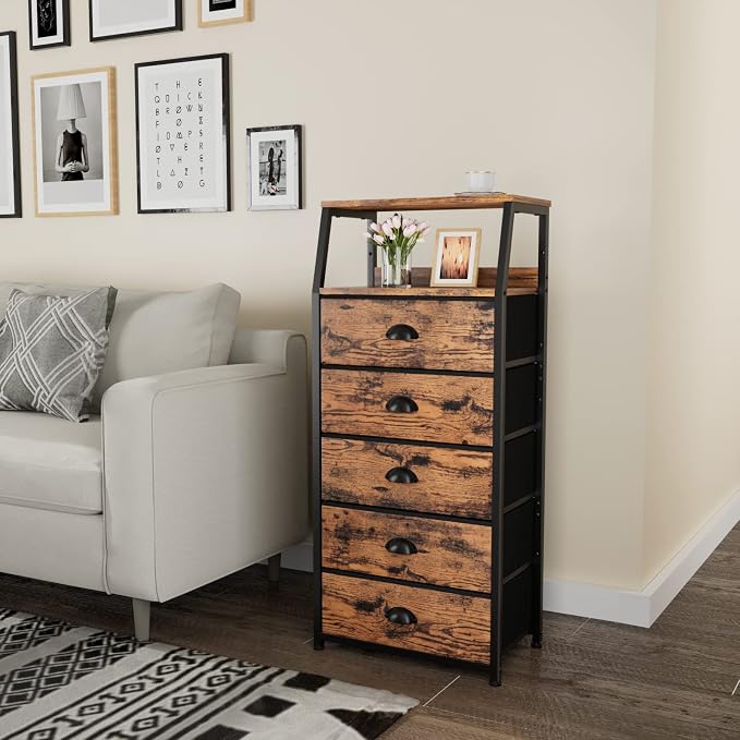 Furnulem Dresser for Bedroom, 5 Drawers Tall Nightstand, Chest of Drawers | Rustic Brown Dresser for Closet, Bedside Table with Fabric Drawer, Metal Frame, Wood Top, Easy Assembly for Dorm, Living Room
