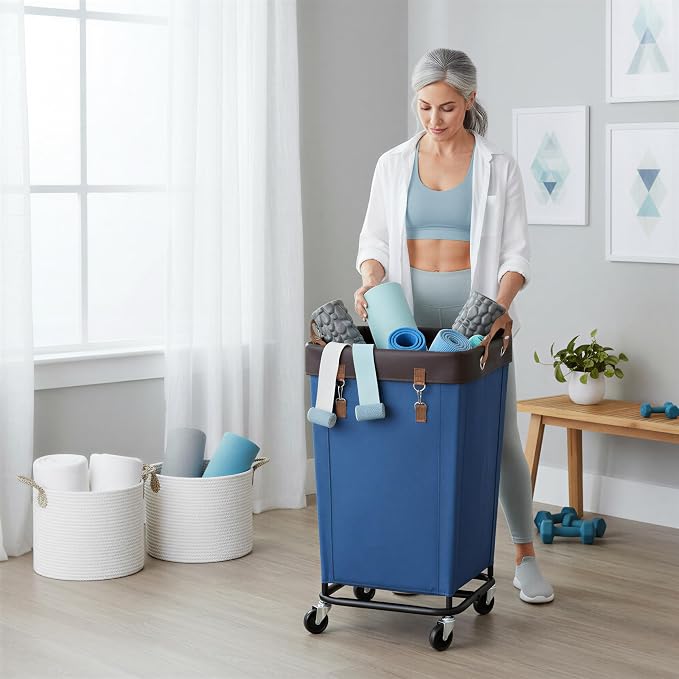 StorageWorks 160L Laundry Basket with Wheels, Rolling Hampers for Clothing | Blue Laundry Basket with Wheels, Metal Frame & Handles, Rolling Hamper for Bedroom, Bathroom, Dorm, Hotel