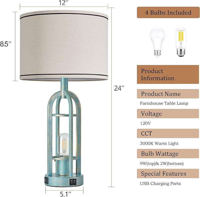 SRJJA Table Lamps for Living Room Set of 2 - Modern Farmhouse Lamps for Night Stands with Night Light & USB A+C, 24" Vintage Bedside Lamp for Bedroom, Bulbs Included