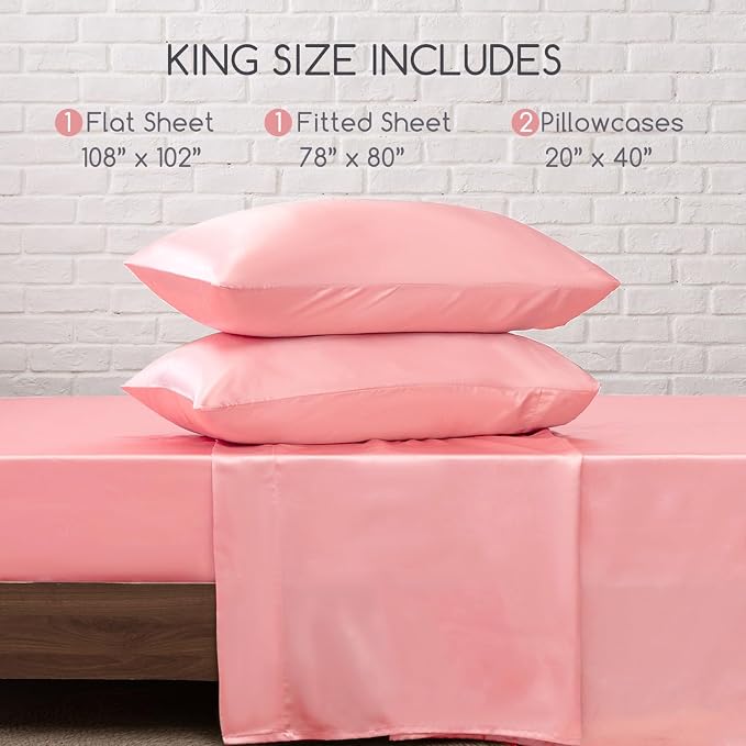 MR&HM Satin Sheets King Size with Elastic Corner Straps, Blush | Similar to Silk, 4-Piece Silky Soft Bed Sheet Set, Gentle on Skin and Hair, 15" Deep Pocket, Cooling & Breathable