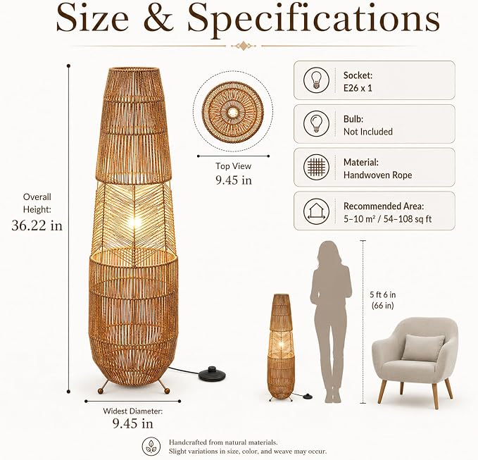 Hand Woven Rattan Floor Lamp,Boho Standing Lamps for Living Room | Handcrafted Wicker Shade,No Assembly Required,Unique Shadow Effects,Foot Switch Control,36 Inch Tall,3 Color Temperature