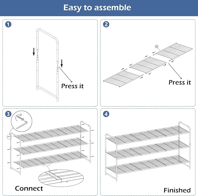 KEETDY 3-Tier Long Shoe Rack for Closet Metal Shoe Organizer for Entryway, Wide Stackable Shoe Storage Shelf with Sturdy Wire Grid for Closet Floor, Bedroom, Grey