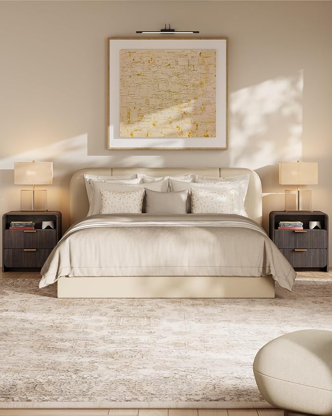 24" 2 Drawers Fluted Nightstand Set of 2, Black Walnut | 2 Drawer Bedside Table with Open Shelf, Metal Handles & Charging Station, Curved Profile End Table for Bedroom