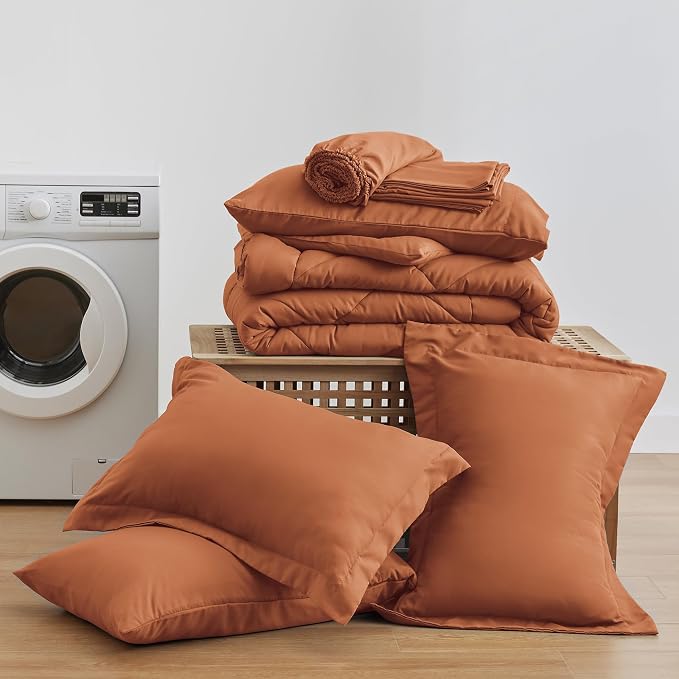 Love's cabin Queen Comforter Set Terracotta, 7 Pieces Queen Bed in a Bag, All Season Bedding Sets with 1 Comforter, 1 Flat Sheet, 1 Fitted Sheet, 2 Pillowcase and 2 Pillow Sham