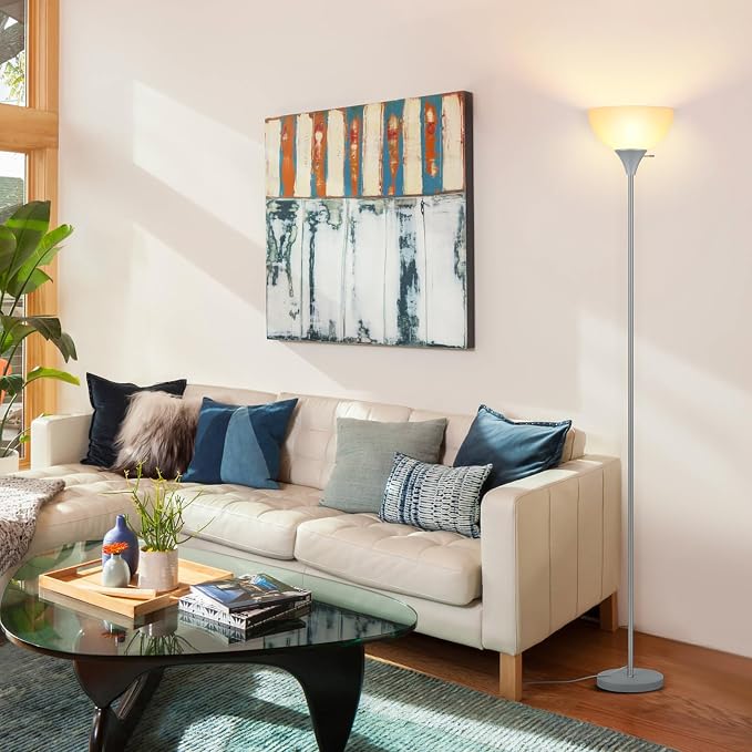 Coucrek Floor Lamp, LED Standing Lamps with White Plastic Shade, Corner Floor Lights for Living Room Bedroom, Rotary Switch, Bulb not Included, Grey