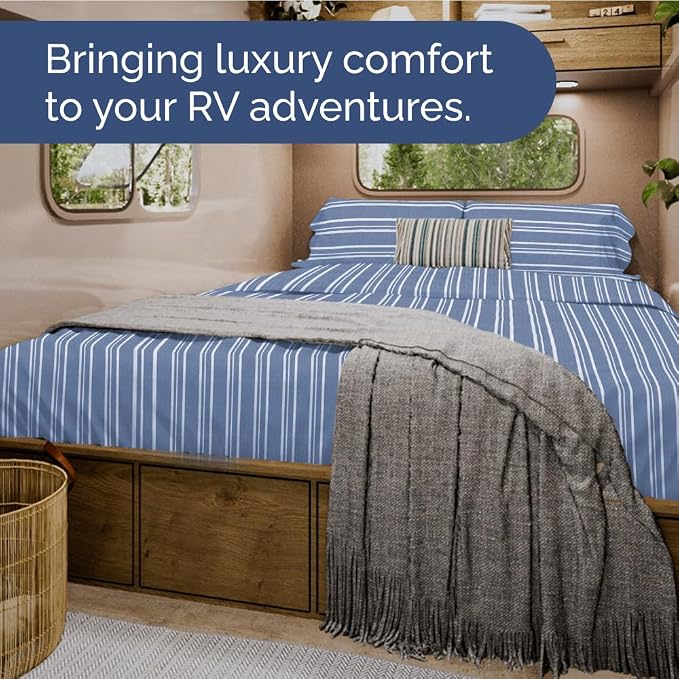 Short Queen Size 4 Piece Bed Sheet Set - RV Short Queen - Blue Stripes | Ultra-Soft, Breathable & Cooling Bed Sheets Set with Deep Pockets, Hotel Luxury Bedding for Women & Men, Wrinkle & Fade Free