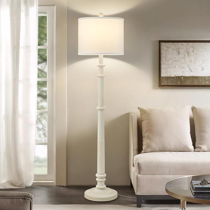 Floor Lamps for Living Room - 60" Farmhouse Floor Lamp with Adjustable Color Temperatures - Vintage Standing Lamp Reading Light with Linen Shade Retro Tall Lamp for Bedroom Office, Almond White