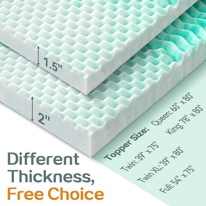 SINWEEK Mattress Topper 5-Zone Memory Foam Mattress Topper Pressure Relieve Soft Mattress Pad, CertiPUR-US Certified, 2 Inch Queen Size, Green