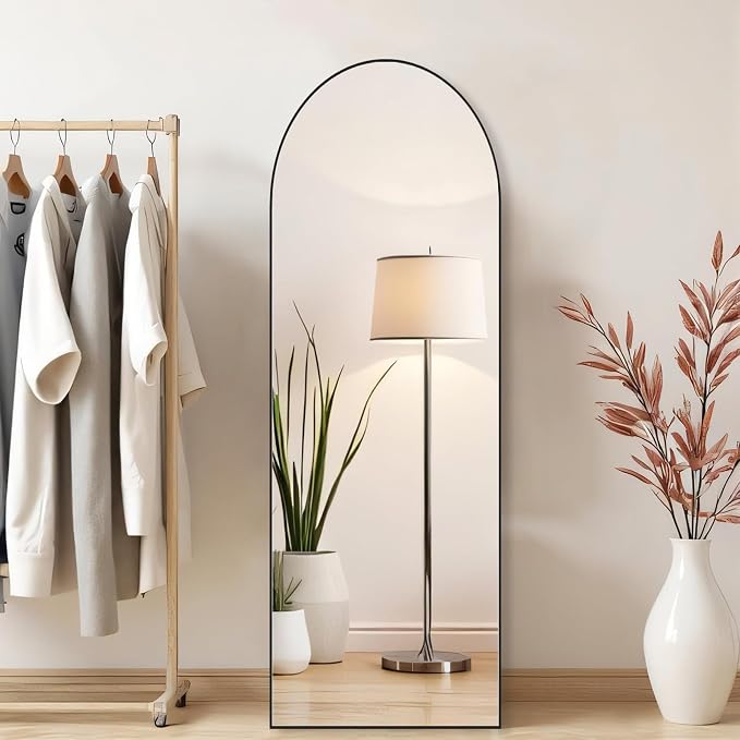 16"x59" Arched Mirror Full Length, Upgraded Body Wall Mirrors | Shatter-Proof Glass, Floor Standing, Hanging or Leaning, Tall Mirror with Stand Aluminum Alloy Frame for Bedroom, Black