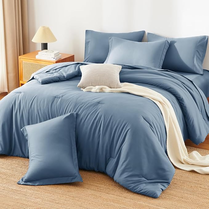 HIMEET Queen Comforter Set, 7-Piece Point-Quilted Bed in a Bag Grayish Blue | OEKO-TEX Certified, Lightweight 240 GSM Comforter, Flat Sheet, 14-Inch Deep-Pocket Fitted Sheet, Pillowcases & Shams