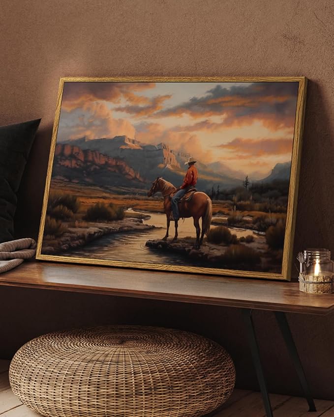 Western Cowboy Framed Canvas Wall Art 12x16 Inch, Horse Rider at Sunset Print Rustic Mountain Landscape Painting, American West Country Home Office Bedroom Wall Decor