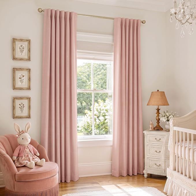 INOVADAY 100% Blackout Linen Curtains for Bedroom 50x102 Inches Blush Pink | Linen Textured, Light Blocking, Room Darkening, Thermal Insulated, Back Tab Top, Window Curtains for Living Room, 2 Panels