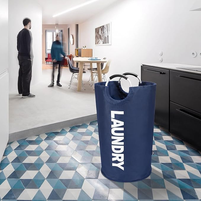 DOKEHOM 125L X-Large Laundry Basket Bag, Collapsible Tall Hamper, Dark Blue | Freestanding tall washing bin & foldable laundry bag. Extra large clothes storage basket with durable sturdy handles